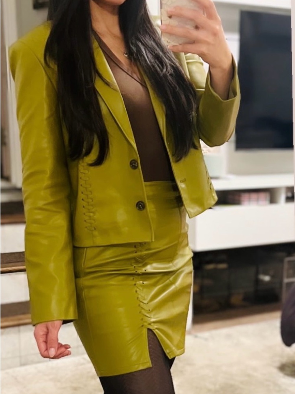 French Connection Olive Green Faux Leather Blazer and Skirt set